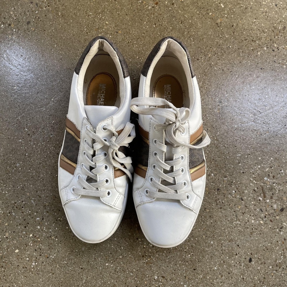 Michael Kors Shoes Womens Size 6.5 White Brown Logo Stripe Lace Up Sneakers
